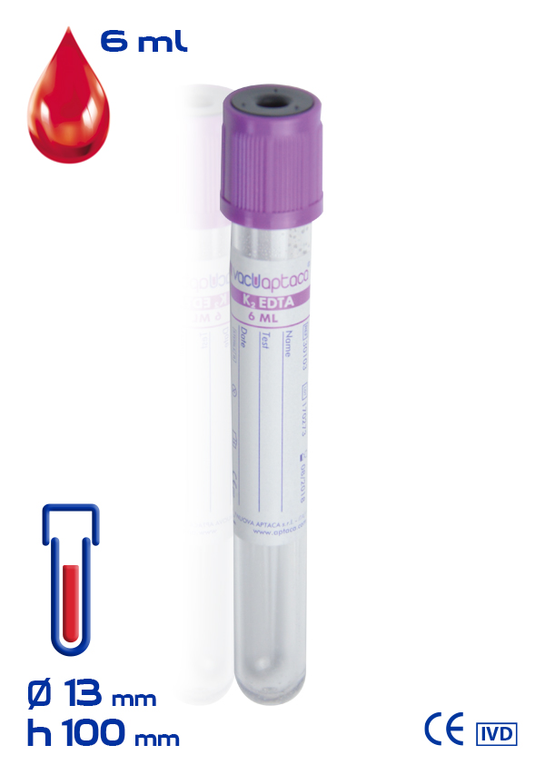 Вакуумні пробірки з K2 EDTA з ПЕT, об. 6 ml (мл), діаметр 13 x 100 mm (мм), стерильні, фіолетова кришка та етикетка (100 шт/уп) (30103)